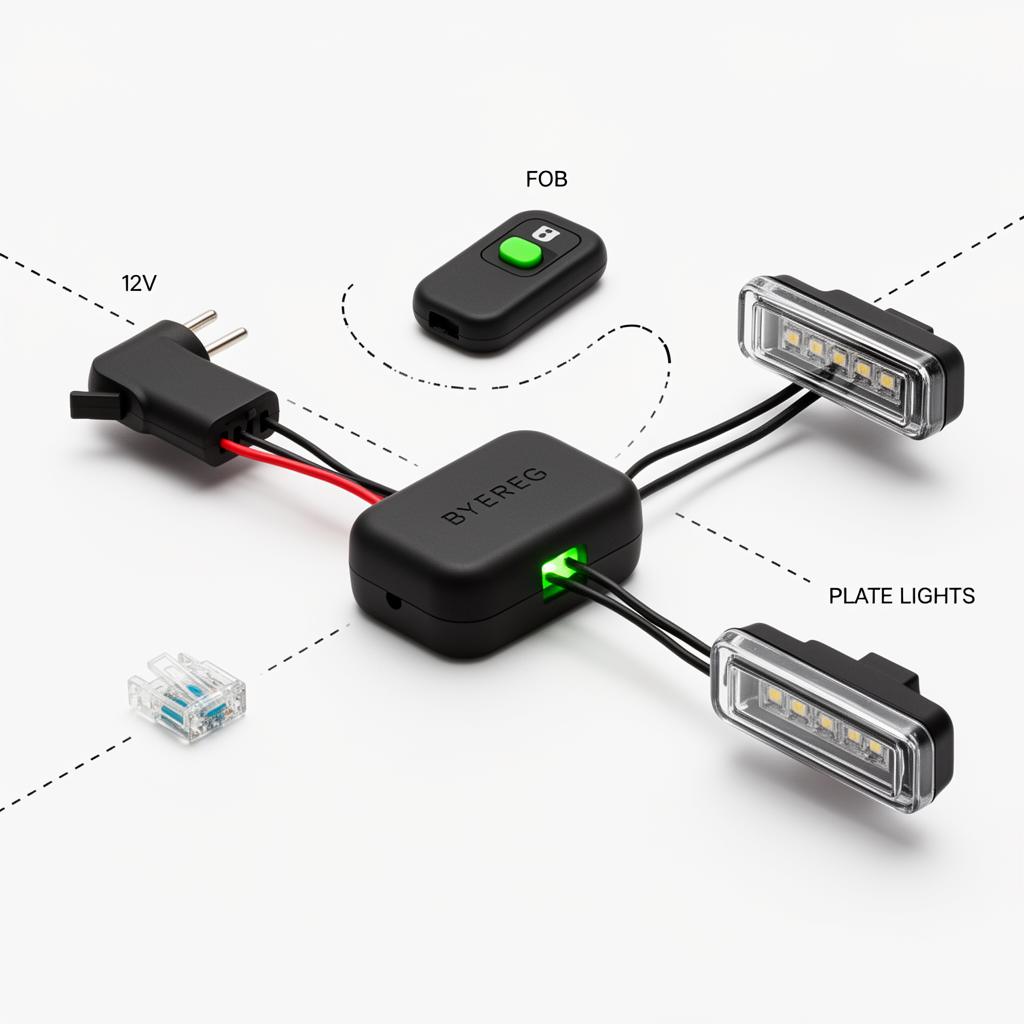 Exploded diagram: 12V tap, inline fuse, ByeReg module, key fob, plate lights